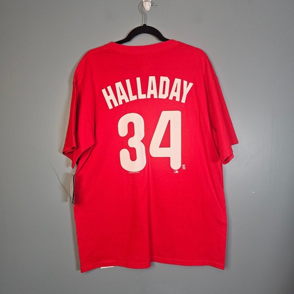 Philadelphia Phillies Roy Halladay 34 Baseball Jersey T Shirt Mens Large Red MLB - Picture 2 of 5